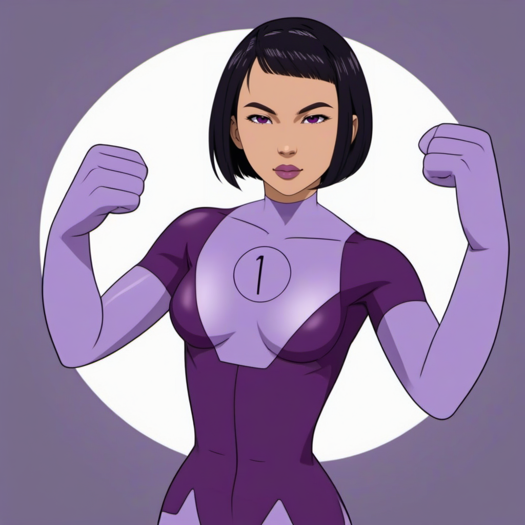 cinematic photo DupliKate1024,a full body asian woman wears a purple bodysuit, a number in a circle on the chest, fightingposes  <lora:DupliKate1024:1> . 35mm photograph, film, bokeh, professional, 4k, highly detailed