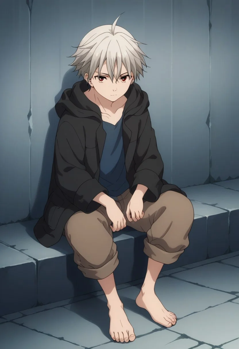 score_9, score_8_up, score_7_up, source_anime, highly detailed,
yoshio1boy, male focus, solo, barefoot, red eyes, hood, hoodie, ahoge,
grey hair, black hoodie, brown pants, shirt, blue shirt, open hoodie, open clothes, sit
indoor,
