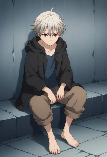 score_9, score_8_up, score_7_up, source_anime, highly detailed, 
yoshio1boy, male focus, solo, barefoot, red eyes, hood, hoodie, ahoge,
grey hair, black hoodie, brown pants, shirt, blue shirt, open hoodie, open clothes, sit
indoor,
