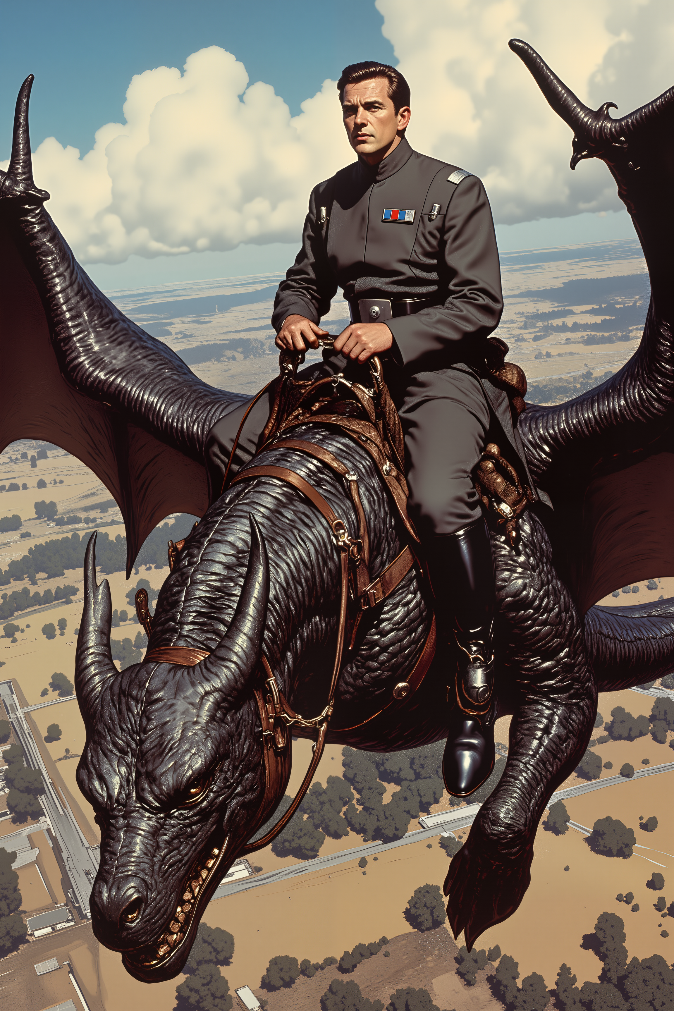 An imperial officer sits upright and composed on the back of a massive, winged dragon, gripping the reins with one gloved hand while the other remains neatly behind their back. Their uniform is immaculate despite the wind whipping through as the dragon soars high above a sprawling fantasy kingdom. The officerâs expression remains perfectly stoic, as if commanding a warship rather than a fire-breathing beast.<lora:IMPOFF_FLUX>, <lora:RetroAnimeFluxV1:0.4> <lora:Vintage comic book:0.7> <lora:MoriiMee_Gothic_Niji_Style_FLUX:1.0>