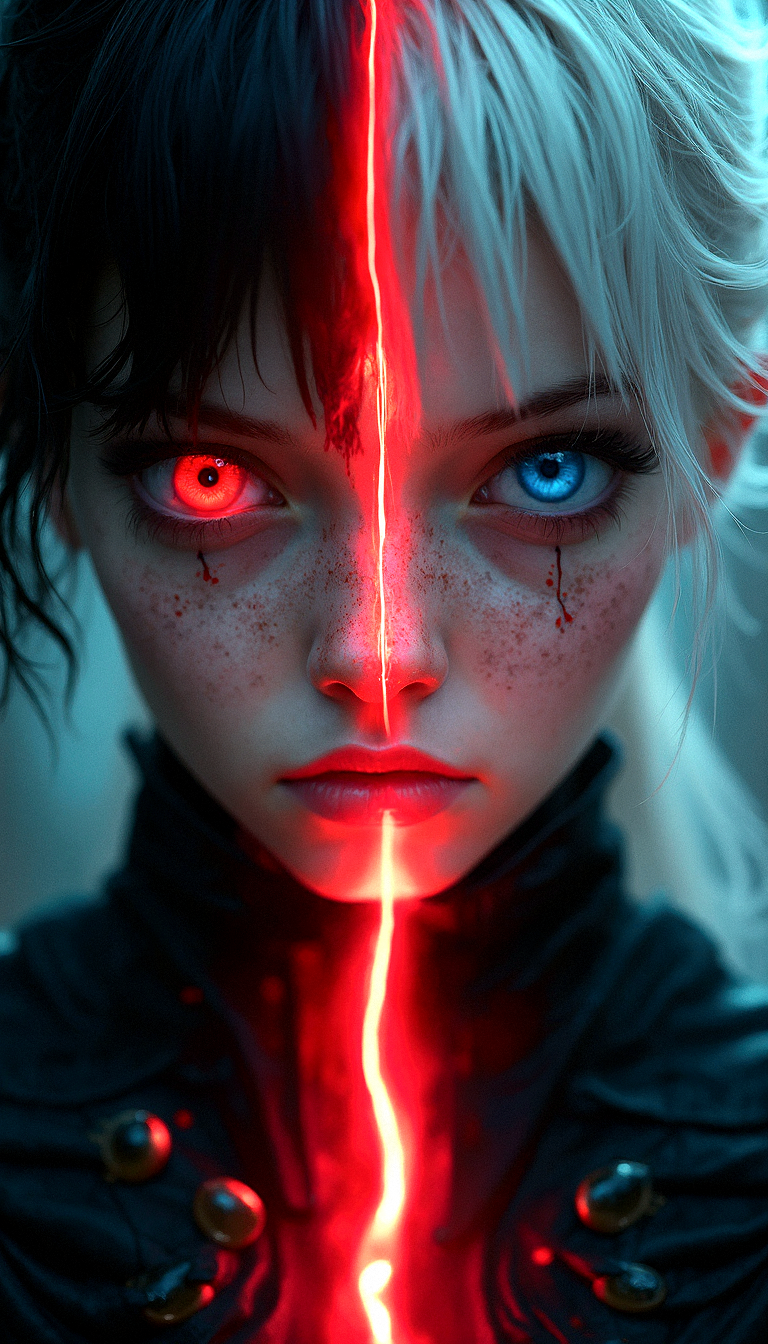 close-up of a figure with dual personalities, one side with dark hair and a red eye, the other with white hair and a blue eye, split down the middle by a glowing, red energy line.

cinematic lighting, extremely intricate detail character, accurate depiction of character, correct body anatomy, correct hands and fingers, extremely intricate skin and facial skin texture detail, lifelike potrayal, extremely realistic lighting, extreme dynamic pose. Extremely sharp detail without blurring.













