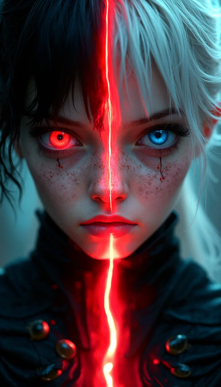 close-up of a figure with dual personalities, one side with dark hair and a red eye, the other with white hair and a blue eye, split down the middle by a glowing, red energy line.
cinematic lighting, extremely intricate detail character, accurate depiction of character, correct body anatomy, correct hands and fingers, extremely intricate skin and facial skin texture detail, lifelike potrayal, extremely realistic lighting, extreme dynamic pose. Extremely sharp detail without blurring.
