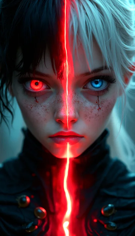close-up of a figure with dual personalities, one side with dark hair and a red eye, the other with white hair and a blue eye, split down the middle by a glowing, red energy line.
cinematic lighting, extremely intricate detail character, accurate depiction of character, correct body anatomy, correct hands and fingers, extremely intricate skin and facial skin texture detail, lifelike potrayal, extremely realistic lighting, extreme dynamic pose. Extremely sharp detail without blurring.