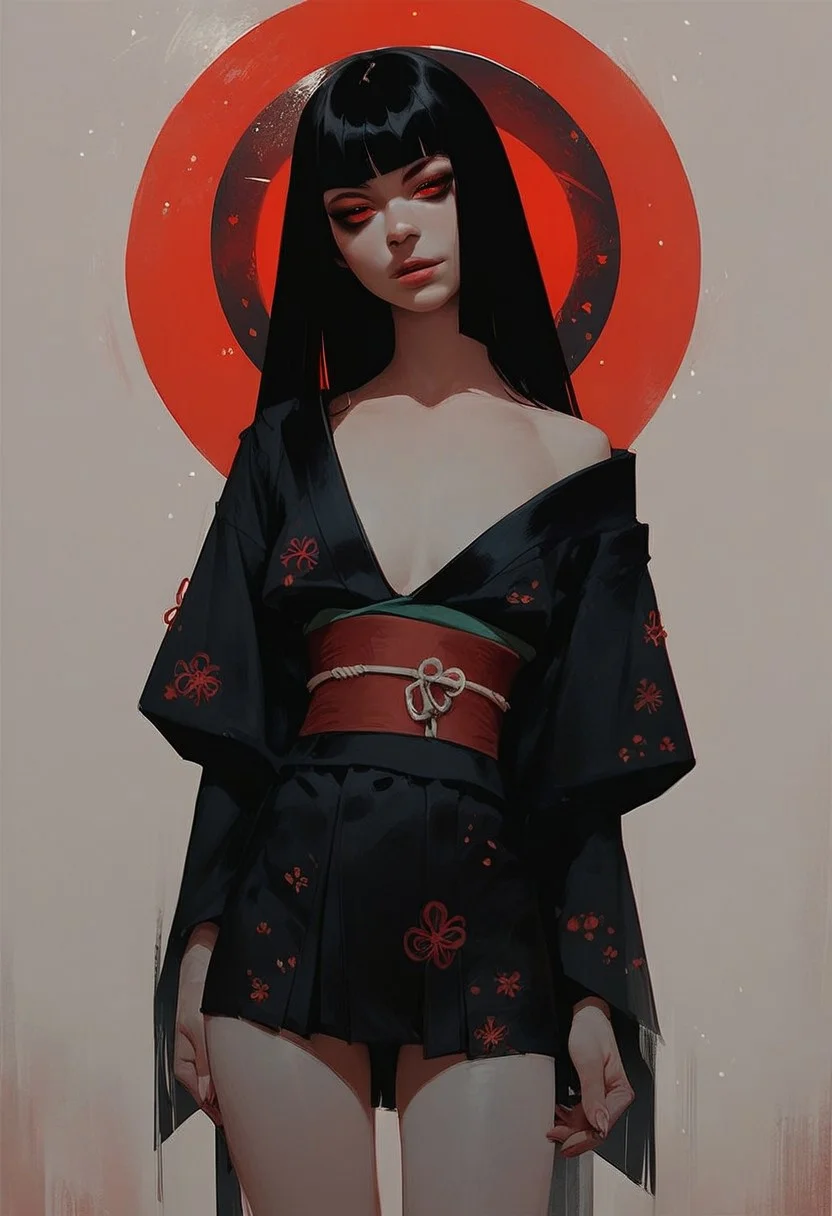 score_9, score_8_up, score_7_up, score_6_up, rating_explicit, solo focus, hime cut, black hair, 1 woman, standing, wearing a kimono, short skirt, slender build, seductive pose, hair down, straight hair, no expression