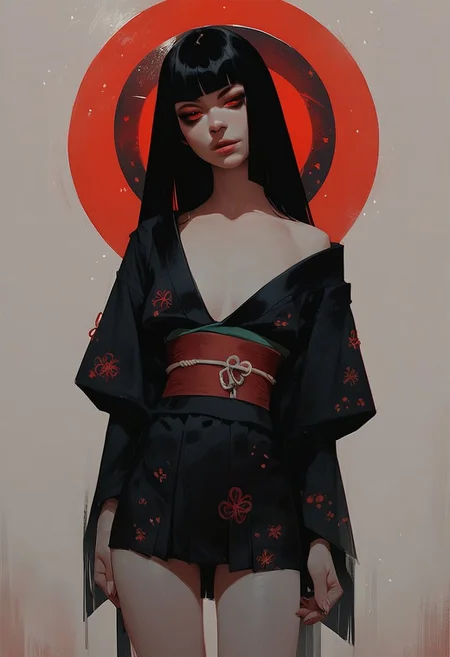 score_9, score_8_up, score_7_up, score_6_up, rating_explicit, solo focus, hime cut, black hair, 1 woman, standing, wearing a kimono, short skirt, slender build, seductive pose, hair down, straight hair, no expression