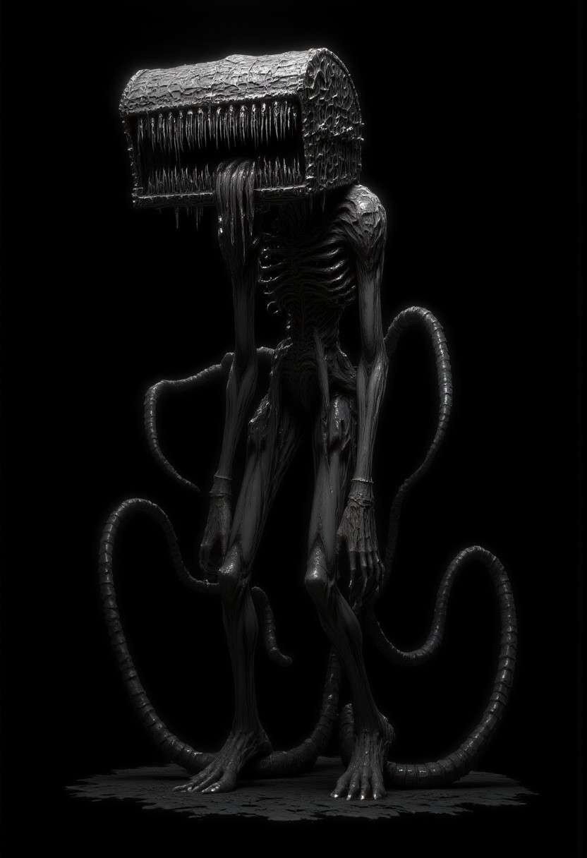mm-style, black background, cinematic shot of a grayscale d4arks0uls Mimic, a lanky monster with long thin limbs and a treasure chest for a head