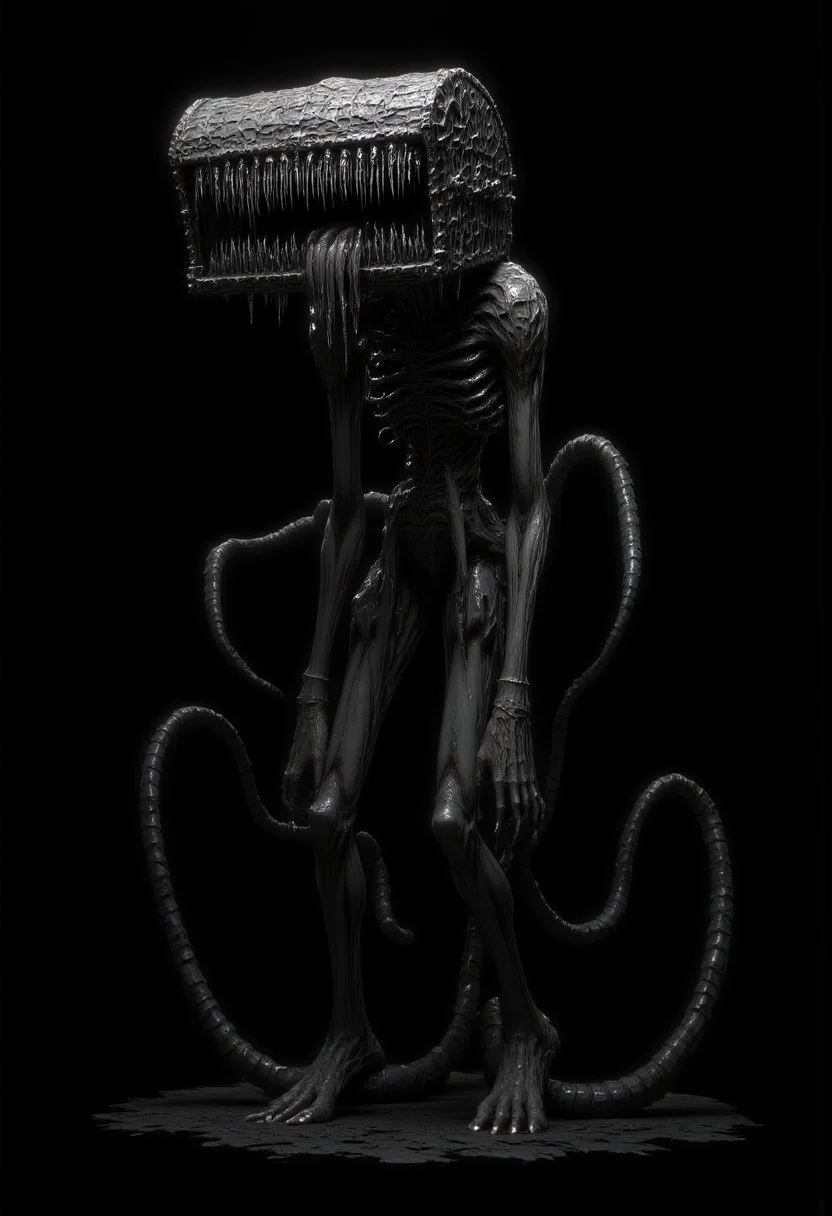 mm-style, black background, cinematic shot of a grayscale d4arks0uls Mimic, a lanky monster with long thin limbs and a treasure chest for a head