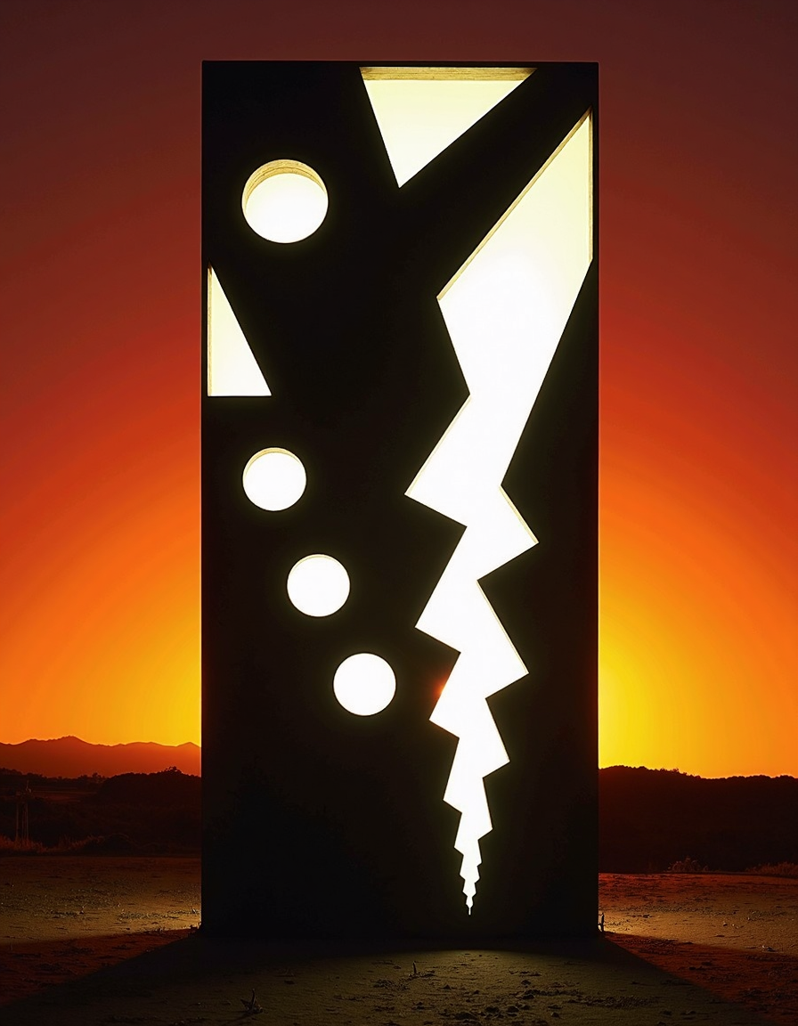 sculpture art by Mala Lin and Lee Bontecou, Silhouette of a Compelling Roots Between Worlds station broken into angular fragments, bright white backlight creating sharp edges on fragments, background gradient from Crimson to bright orange suggesting a cosmic sunset, station fragments larger in foreground becoming smaller towards background, high contrast with intricate details visible in the lit edges of fragments, minimalist sculpture, environmental art, memorials, Sprawling, assemblage, mixed media, abstract forms, Chevron textures