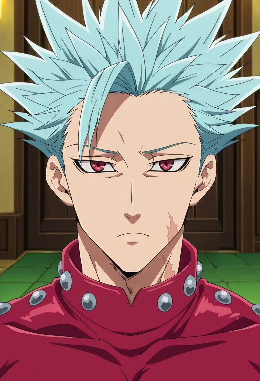 masterpiece, best quality, , anime screencap, anime coloring, official style, looking at viewer, 1boy, solo, male focus, <lora:ban_nanatsu_no_taizai_ilxl:0.94>, ban_nanatsu_no_taizai, blue hair, red eyes, spiked hair, scar, , , psycho costume