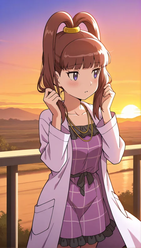 masterpiece, best quality, highres, scenery, newest, 1girl, solo, official style, <lora:IL_Amano_Nene_v2:1>, nene, necklace, collarbone, purple plaid dress, black frills, purple lab coat, outdoor, cowboy shot, five fingers, hands on hair, looking away, parted lips, sunset, blush