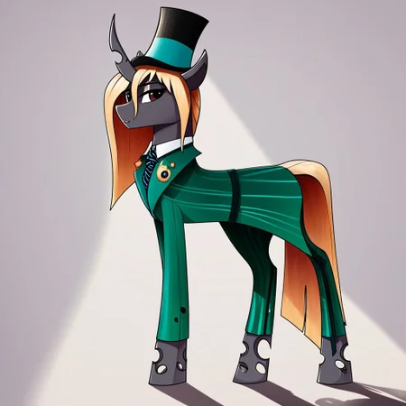 masterpiece, score_9_up, score_8_up, score_7_up, score_6_up, (best quality:1.1), ultra-detailed, high resolution, 1character, 1girl, solo, Helvia, changeling queen oc, mlp, feral, ears, tail, smile, ((beautiful detailed light-brown eyes)), single horn, black skin, long blonde mane, green suit, brooch, long top hat, necktie, detailed clothing, full body, simple background, ((8k)), shadows, highly visible, sharp focus, anatomically correct, extremely detailed, Expressiveh