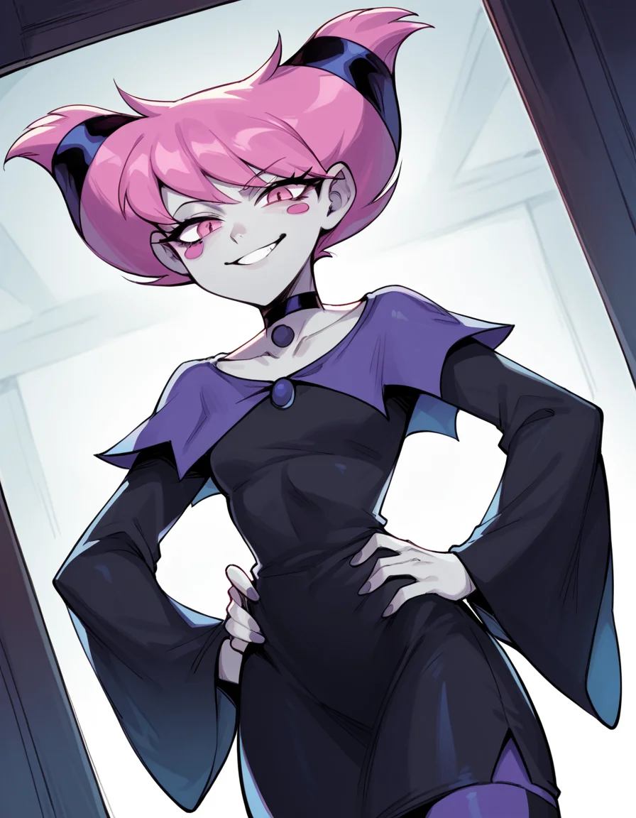 score_9, score_8_up, score_7_up, source_anime, <lora:jinx-dc-ponyxl-lora-nochekaiser_r1:1>, jinx, jinx (dc), colored skin, grey skin, hair horns, pink eyes, pink hair,, choker, long sleeves, pantyhose, striped clothes, striped pantyhose, black dress, wide sleeves, collarbone,, indoors, smug, smile, looking at viewer, solo, hands on hips,, cowboy shot, dutch angle