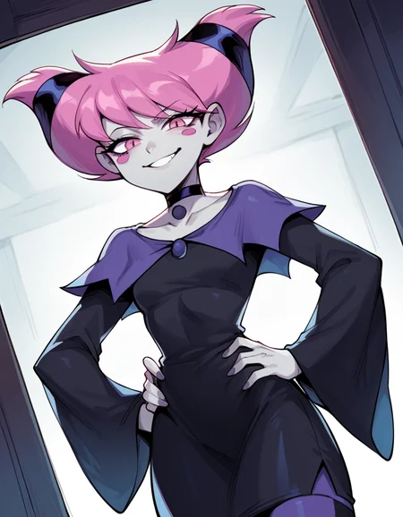 score_9, score_8_up, score_7_up, source_anime, <lora:jinx-dc-ponyxl-lora-nochekaiser_r1:1>, jinx, jinx (dc), colored skin, grey skin, hair horns, pink eyes, pink hair,, choker, long sleeves, pantyhose, striped clothes, striped pantyhose, black dress, wide sleeves, collarbone,, indoors, smug, smile, looking at viewer, solo, hands on hips,, cowboy shot, dutch angle