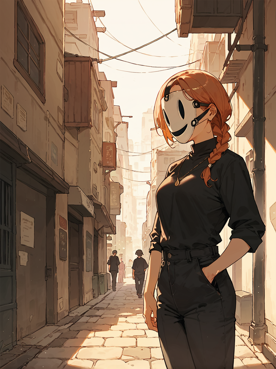 score_8_up, score_7_up, score_6_up, source_anime, 1girl, solo, alleyway, evening
 mask,  
black pants, black shirt
 <lora:Smiling_Mask-000004:1>
