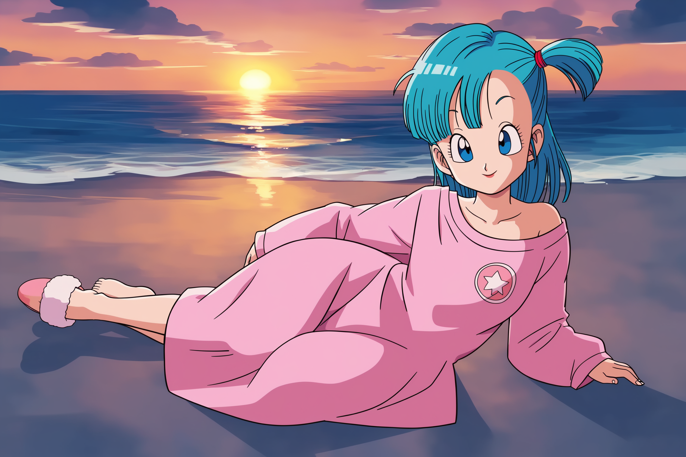 source_anime, score_9, score_8_up, score_7_up, anime screencap, absurd res, high quality,
bulma, dragon ball \(classic\), teenage, blue eyes, aqua hair, one side up, red scrunchie, shoulder length hair, 
long shirt outfit, long shirt, long sleeves, star \(symbol\), sleeves past wrists, oversized clothes, oversized shirt, pink slippers, pink pajamas, pajamas, collarbone, logo print,
lying, on side, beach, sunset, ocean, barefoot, toenails, the pose, arm support, smile,
<lora:DB_Bulma_v2-000046:0.8>