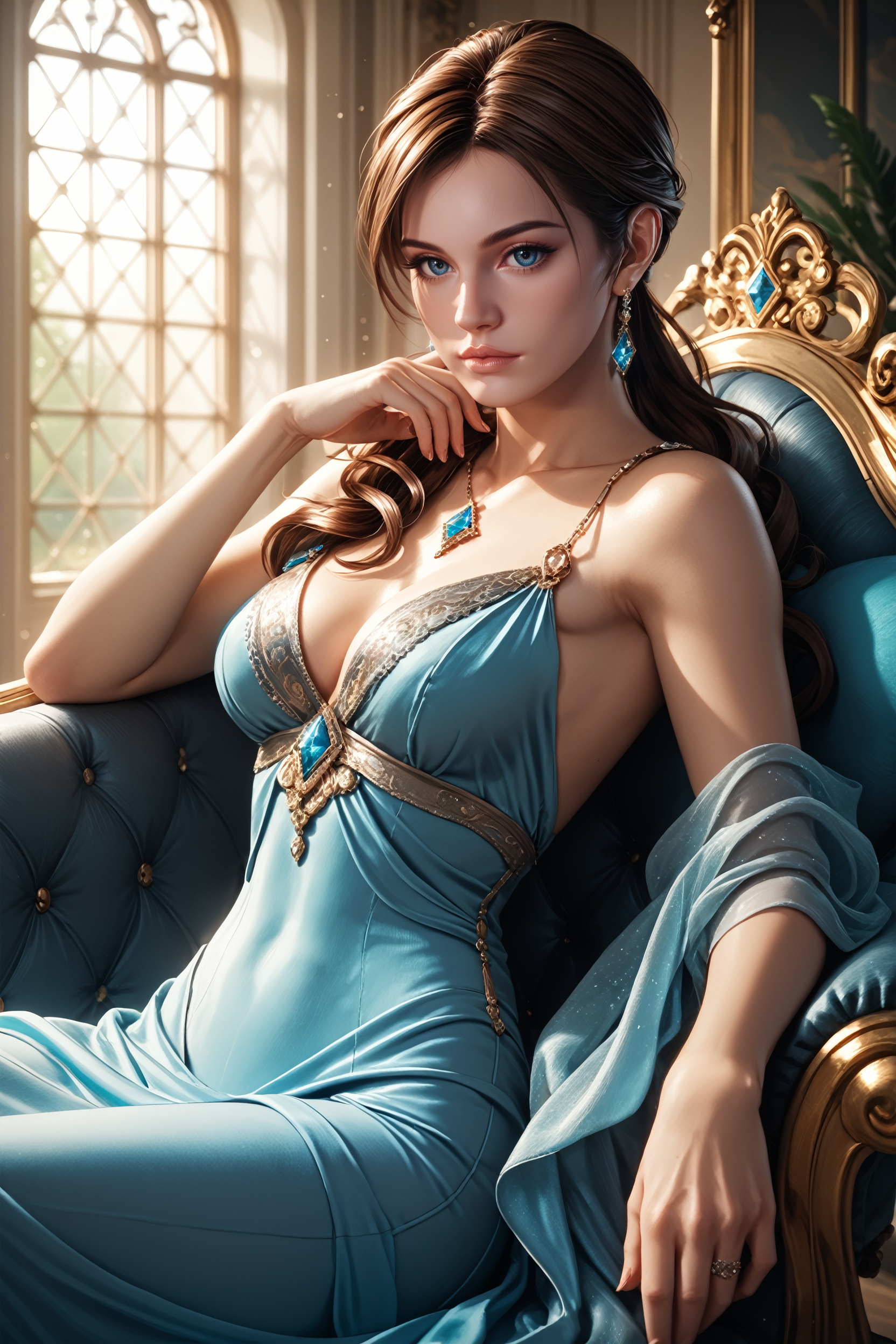 score_9, score_8_up, score_7_up,
<lora:RREVJill:0.8>
RREVJill, 1girl, brown hair, long hair, ponytail, blue eyes, looking at viewer, reclining on a vintage chaise lounge, one arm draped over the back, elegant ballroom with crystal chandeliers, soft ambient lighting, luxurious and sophisticated setting