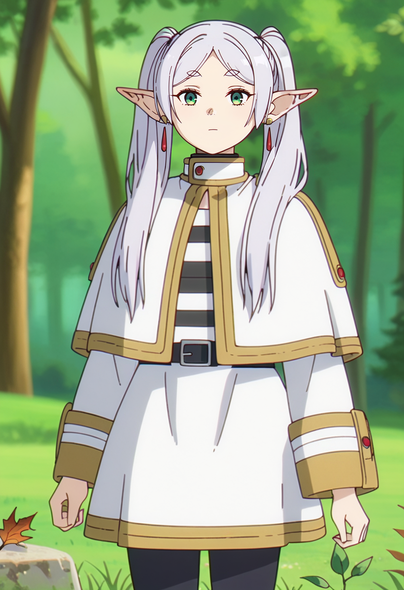 score_9, score_8_up, score_7_up,
<lora:SousouNoFrieren_FrierenXL:0.9>, FrierenSSnF,
1girl, solo, closed mouth,
grey hair, long hair, green eyes, twintails, parted bangs, earrings, pointy ears, 
FrierenCasual, striped shirt, white capelet, black belt, white skirt, long sleeves, black pantyhose,
standing, looking at the viewer,
fantasy, medieval, photo background, forest, tree, moss, stream, stone, leaf, maple tree, grass, nature, blurry background
