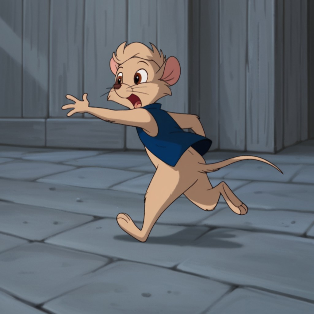 score_9, score_8_up, score_7_up, score_6_up, score_5_up, score_4_up, source_furry, Timmynimh2, semi-anthro, male, mouse, tan fur, brown eyes, short hair, blue vest, running, solo, 1boy, outside