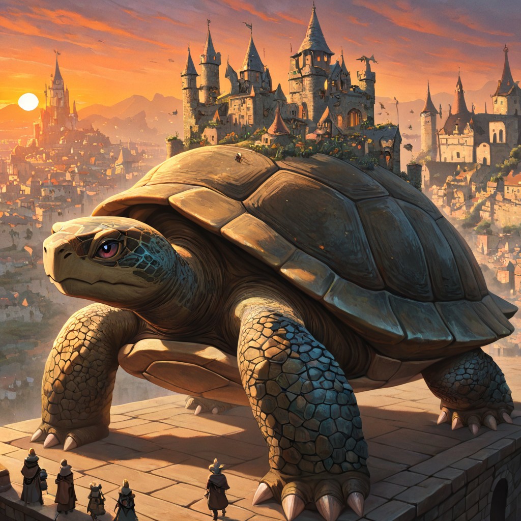 masterpiece, best quality, newest, absurdres, highres, DT-BOIB, building, Turtle, scenery, no humans, sunset, city, medieval, fantasy, DTV1.0, Turtle, Dragon,  pokemon (creature),