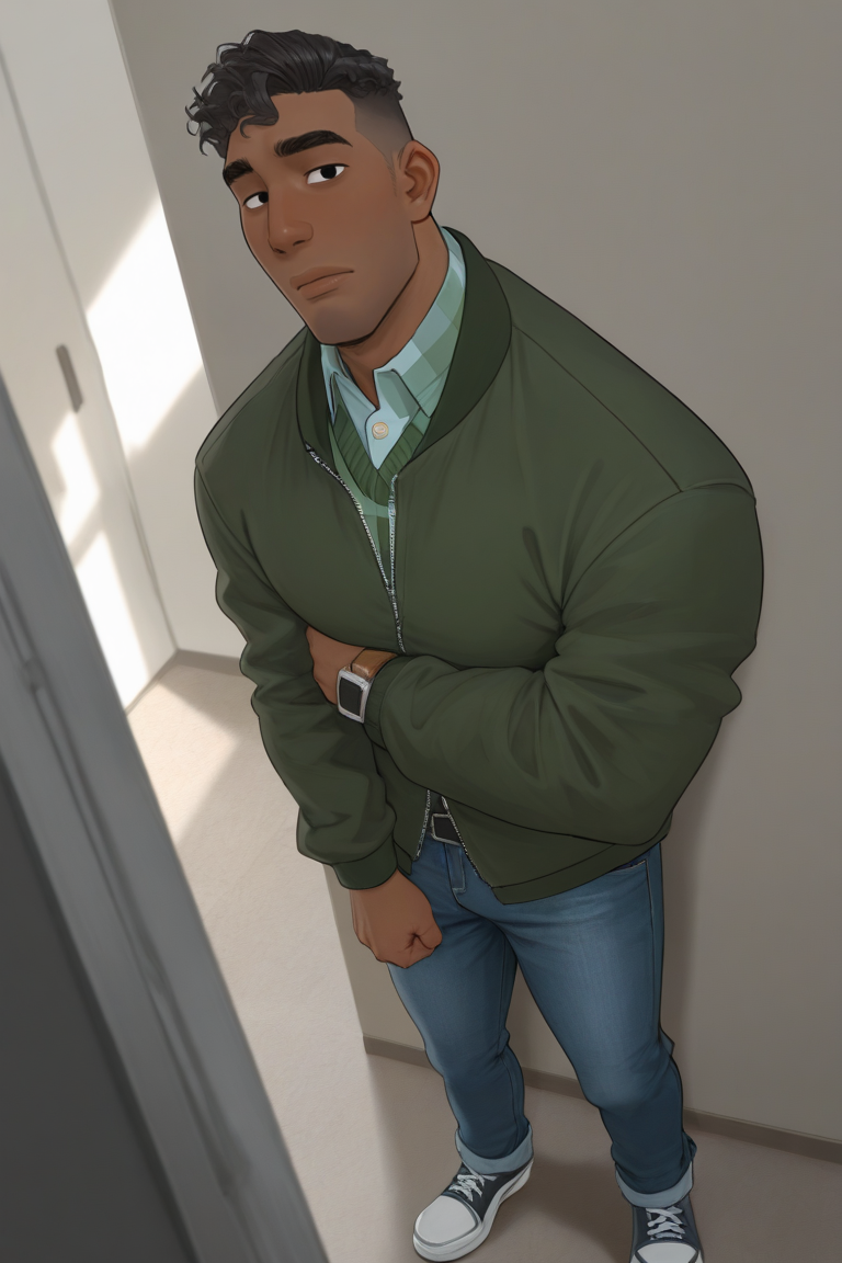 expressive manly face, shadow, dynamic angle, intricately detailed, depth of field, masterpiece, best quality, amazing quality, very aesthetic, absurdres, newest, very awa, 1boy, make focus, solo,coralluke,black hair,short hair,black eyes,dark skin, green jacket, plaid collared undershirt, denim pants, shoes, standing, looking at viewer, 