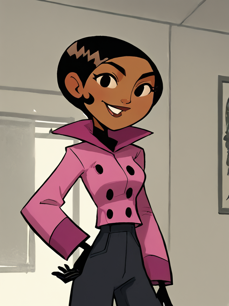 <lora:BritPony1.3:0.65> brit, solo, 1girl, black hair, short hair, dark-skinned female, black eyes, pink jacket,black,black gloves, buttons,upper body,standing, hand on own hip, breasts,      score_9, score_8_up, score_7_up, score_6_up, score_5_up, score_4_up, smile, indoors, looking at viewer, <lora:Jabstyle_AMXLV1:1> jabstyle