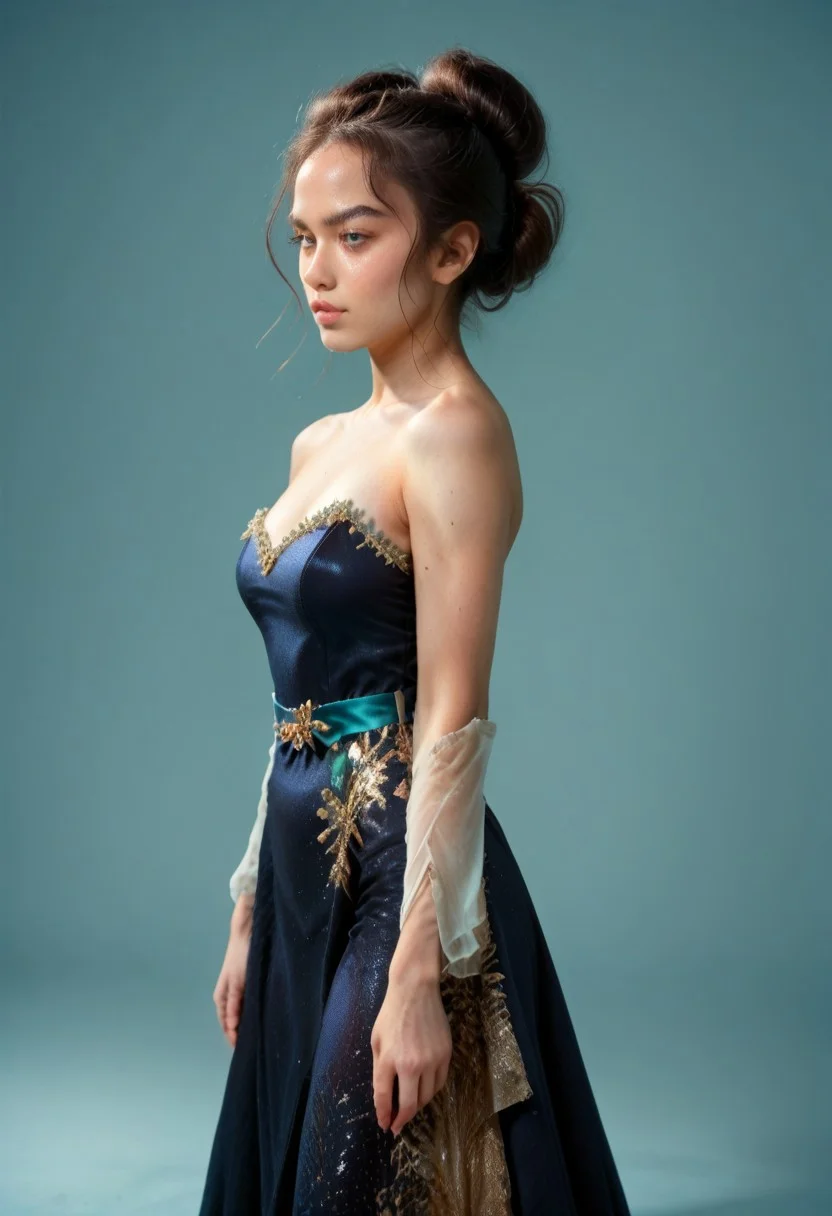 score_9, score_8_up, score_7_up, black colored kebaya dress (long dress, skin tight, strapless, off shoulder, luxurious design, simple sash, sequin skirt, brocaded),
pureerosface_v1, JDMAI_KEBAYA, JDMAI_ARIEL_SARI,
(dynamic lighting), (dynamic shadow), 4k, HD, Hi res, cinematic masterpiece, photographic masterpieces, epiCPhoto,
Neat hair bun, professional makeup, side view,
Portrait, upper body, alluring pose, confident facial expression,
(simple turquoise background), (blurry background), (sharp focus on object),