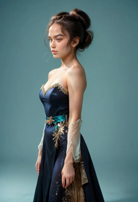 score_9, score_8_up, score_7_up, black colored kebaya dress (long dress, skin tight, strapless, off shoulder, luxurious design, simple sash, sequin skirt, brocaded),
pureerosface_v1, JDMAI_KEBAYA, JDMAI_ARIEL_SARI,
(dynamic lighting), (dynamic shadow), 4k, HD, Hi res, cinematic masterpiece, photographic masterpieces, epiCPhoto,
Neat hair bun, professional makeup, side view,
Portrait, upper body, alluring pose, confident facial expression,
(simple turquoise background), (blurry background), (sharp focus on object),