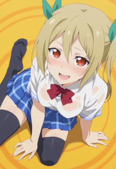 anime screencap, anime coloring, <lora:DX888Akane:1> segawa akane, red eyes, blonde hair, long hair, twintails BREAK hair ribbon, school uniform, white shirt, red bowtie, plaid skirt, blue skirt, thighhighs, BREAK simple background, yellow background, spiral background, BREAK 1girl, arm support, blush, breasts, feet, from above, looking at viewer, looking up, open mouth, sitting, smile, soles, solo, sweat,