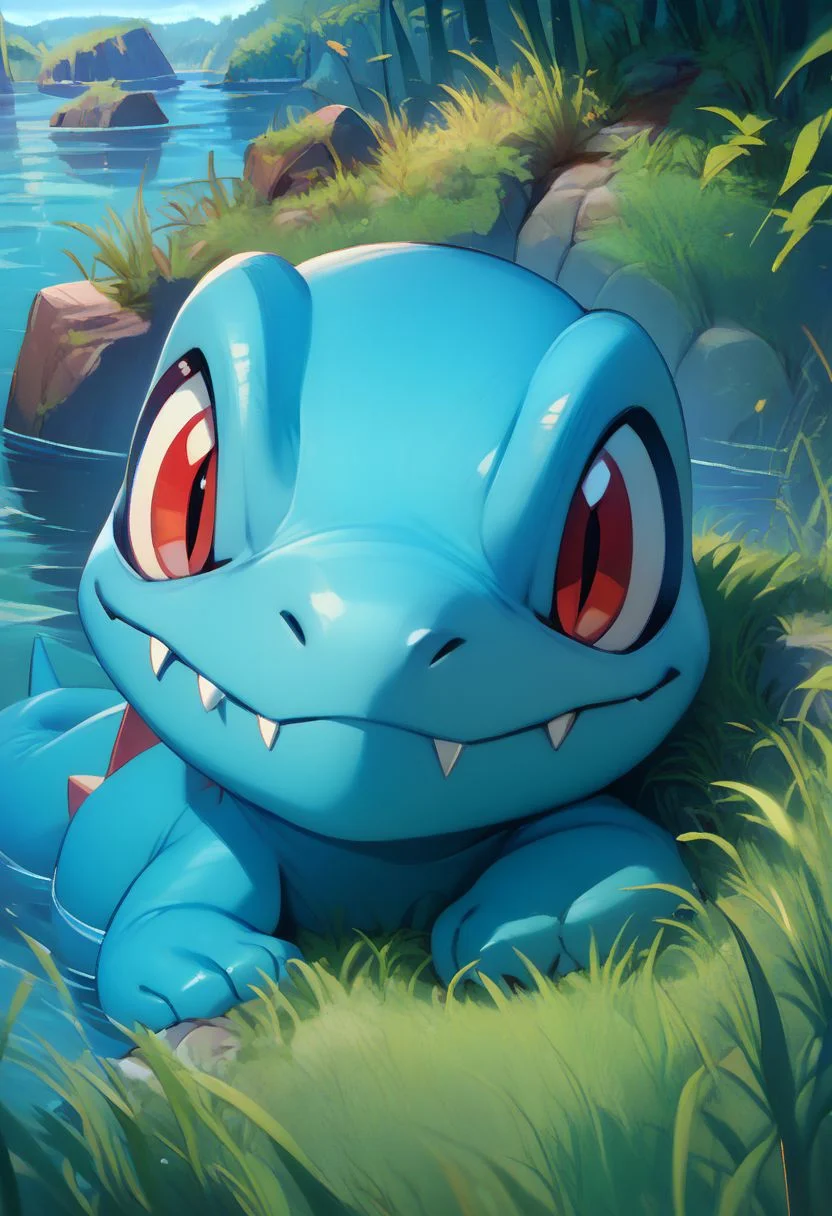 score_9, score_8_up, score_7_up, vivid bright colors,
zzTotodile, smile, red eyes, closed mouth, full body, outdoors, lying, day, water, fangs, grass, on stomach, rock, fangs out
