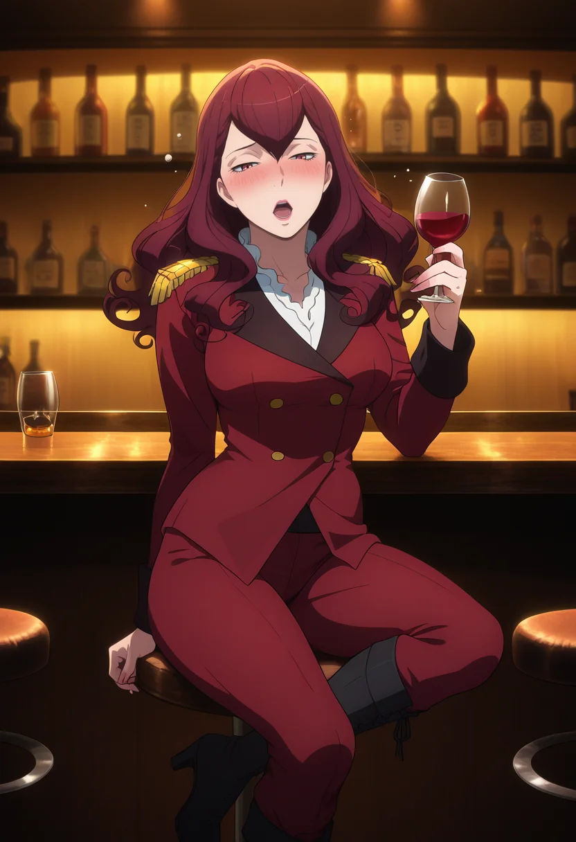 masterpiece, best quality, amazing quality, 1girl, solo, femieanneww, mature female, red eyes, red hair, long hair, curly hair, hair between eyes, lipstick, vers uniform, military uniform, red jacket, epaulettes, red pants, black knee boots, high heels, <lora:Aldnoah_Zero_Femieanne_ill:1>, sitting, alcohol, drunk, wineglass, holding wineglass, blush, open mouth, narrowed eyes, looking at viewer, indoors, bar \(place\), bar stool, skindentation, detailed clothing folds, depth of field, sharp, high contrast, dynamic light