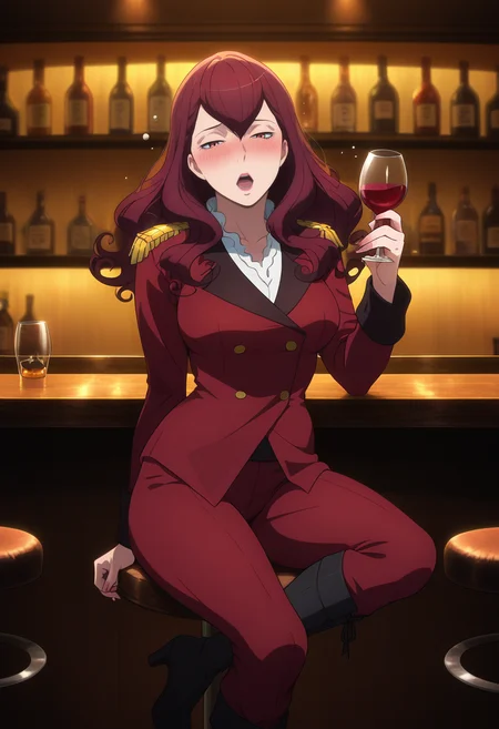 masterpiece, best quality, amazing quality, 1girl, solo, femieanneww, mature female, red eyes, red hair, long hair, curly hair, hair between eyes, lipstick, vers uniform, military uniform, red jacket, epaulettes, red pants, black knee boots, high heels, <lora:Aldnoah_Zero_Femieanne_ill:1>, sitting, alcohol, drunk, wineglass, holding wineglass, blush, open mouth, narrowed eyes, looking at viewer, indoors, bar \(place\), bar stool, skindentation, detailed clothing folds, depth of field, sharp, high contrast, dynamic light