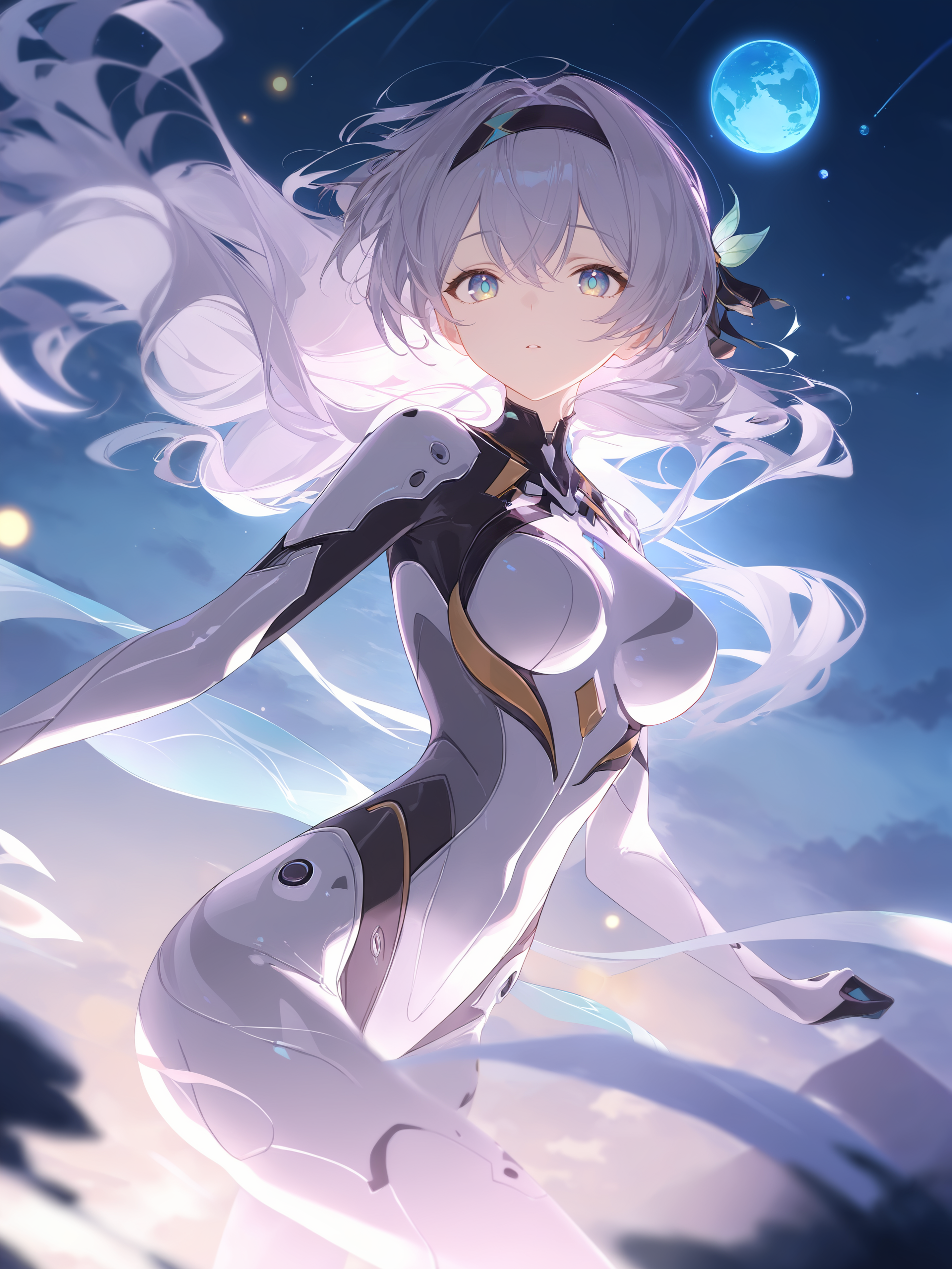 illustration, incredibly absurdres, ultra detailed, masterpiece, best quality, perfect features, intricate details, ray tracing, very aesthetic, (hitenkei, askzy:0.4), <lora:XL-aesthetic_anime:1:hr=0.1>, <lora:XL-detailed_notrigger:1:hr=0.5>, <lora:Char-HonkaiSR-Firefly-V4-SDXL:0.9>,  1girl, firefly \(honkai: star rail\), solo, hairband, hair ribbon, plugsuit, flying, midair, cowboy shot, expressionless, looking at viewer, night, floating hair, planet, dreaming, cloud, backlighting, depth of field