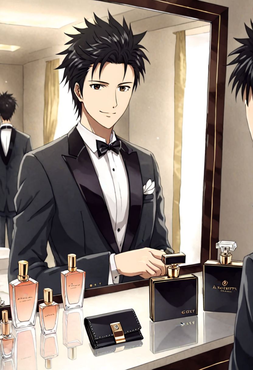 solo, 1boy, detailed_eye_model, easynegative, Soujirou Agata, Brown Eyes, Black Hair, room, mirror, focus, selfies, looking in the mirror, arrogant, confident, tuxedo, standing in front of the mirror, satisfied smile, jewelry, wallet, perfume, luxury goods