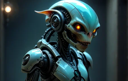cybrk, sexy alien species female in a dark basement, highly detailed, dystopic, subversive <lora:alien-species:1> <lora:cybrk-knight-2p:1>
