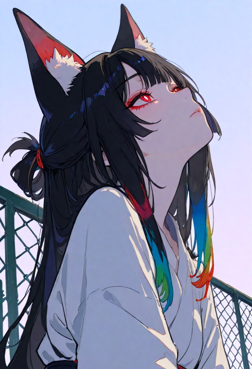 masterpiece, best quality, very awa, absurdres, detailed eyes, detailed face, detailed skin, simple background, BREAK 
Flat colors, high detailed, high quality, masterpiece, best quality, very awa, absurdres, detailed eyes, detailed face, detailed skin, simple background, BREAK
(colourful:1.3), (cute character:1.5), 1girl, miyabihoshimi, miyabi hoshimi, animal ear fluff, animal ears, black hair, bright pupils, fox ears, fox girl, half updo, long hair, red eyes, sidelocks, white pupils, male, detailed eyes, xiaohongshu style, aegyo sal, solo, beautiful eyes, focus face, 1girl, stands with her back leaning against a fence, looking up into the sky, chain link fence, outdoors, angle from below, looking up at the sky, 748cmstyle