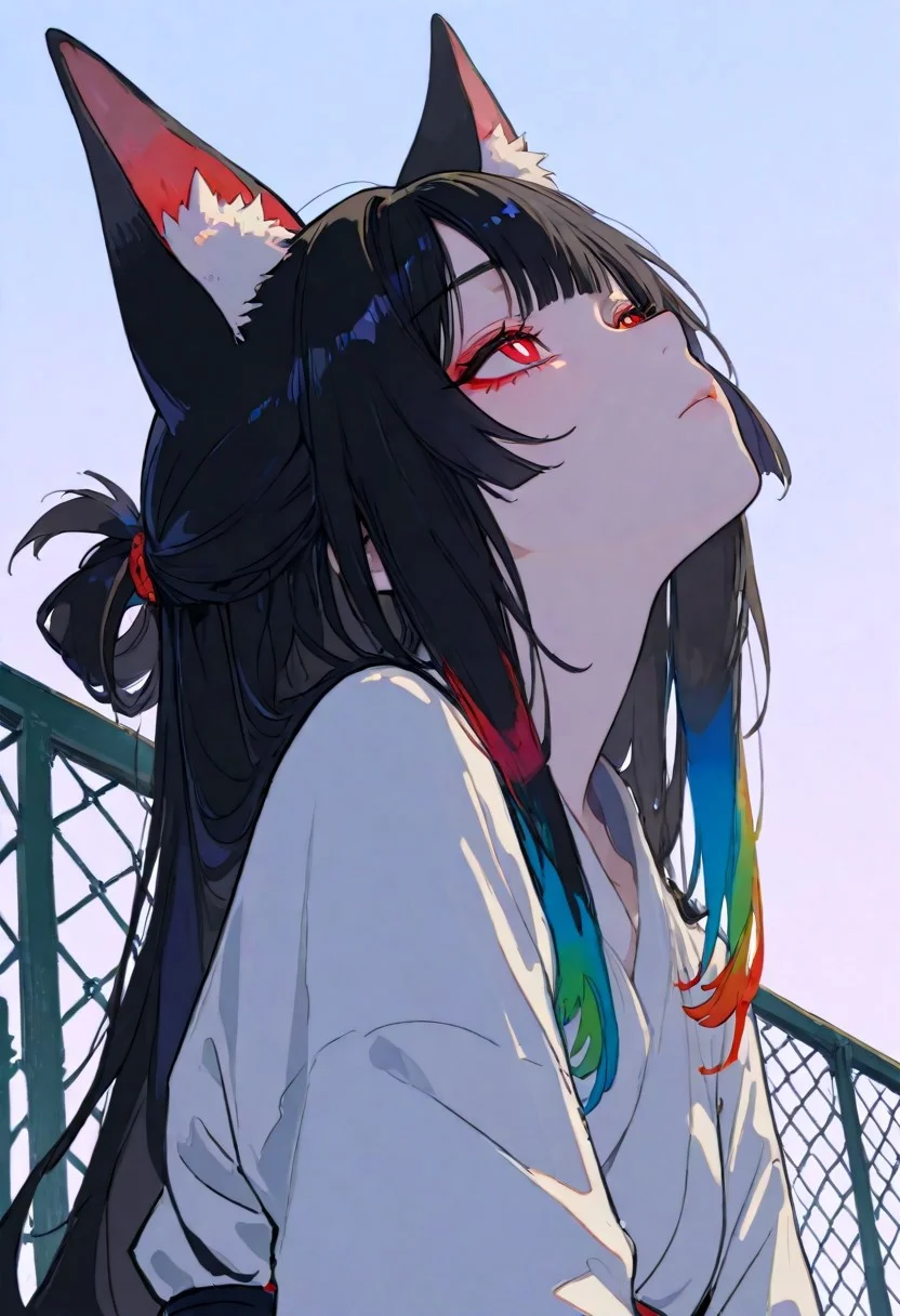 masterpiece, best quality, very awa, absurdres, detailed eyes, detailed face, detailed skin, simple background, BREAK
Flat colors, high detailed, high quality, masterpiece, best quality, very awa, absurdres, detailed eyes, detailed face, detailed skin, simple background, BREAK
(colourful:1.3), (cute character:1.5), 1girl, miyabihoshimi, miyabi hoshimi, animal ear fluff, animal ears, black hair, bright pupils, fox ears, fox girl, half updo, long hair, red eyes, sidelocks, white pupils, male, detailed eyes, xiaohongshu style, aegyo sal, solo, beautiful eyes, focus face, 1girl, stands with her back leaning against a fence, looking up into the sky, chain link fence, outdoors, angle from below, looking up at the sky, 748cmstyle