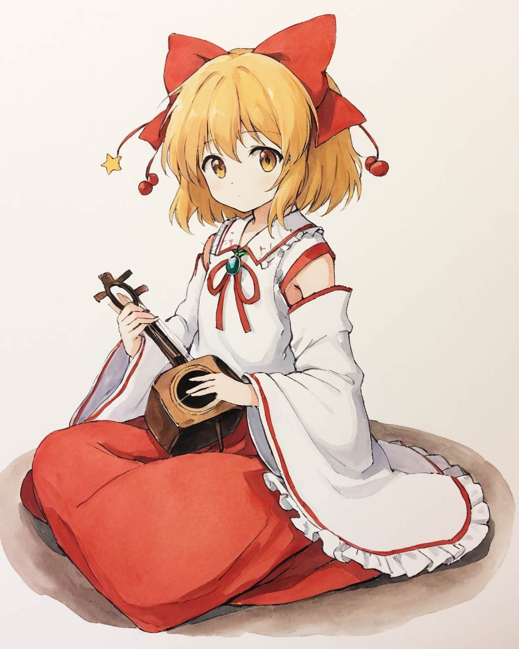 satsuki rin,1girl, solo, traditional_media, hair_bow, playing_instrument, wide_sleeves, red_bow, detached_sleeves, painting_\(medium\), long_sleeves, miko, watercolor_\(medium\), frills, red_ribbon, white_shirt, red_skirt, sitting
<lora:satsuki_rin_image186_2023-12-11:1>,star-shaped_pupils,symbol-shaped_pupils,. gorgeous,key visual, vibrant, studio anime,award-winning, professional, highly detailed,high budget, cinemascope