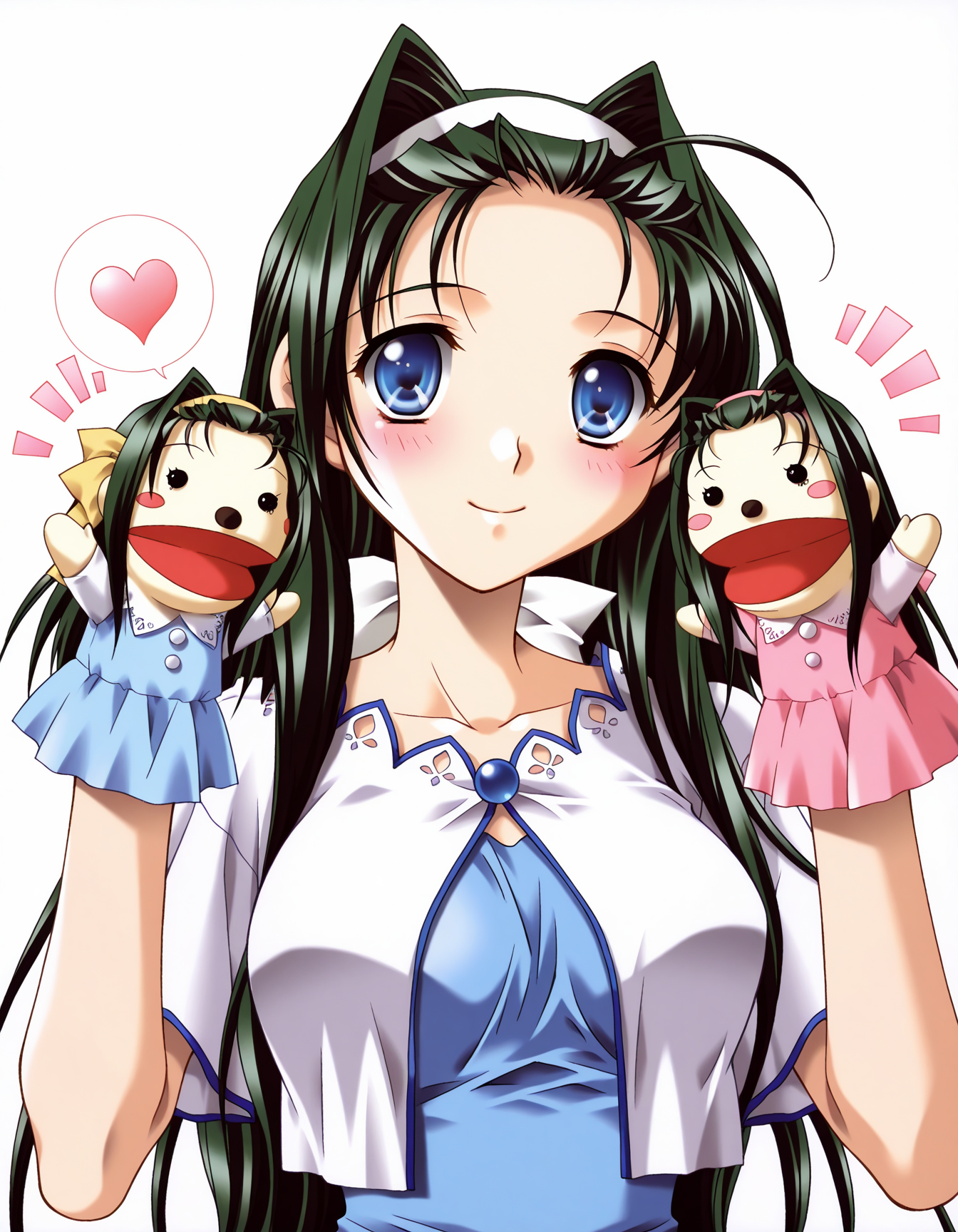masterpiece, best quality, amazing quality, very aesthetic, absurdres, official art, ultra detailed, intricate, 
1girl, solo, hikami_arisa(rasenkairou2), long hair, hairband, hair ribbon, green hair, blue eyes BREAK 
blue dress, short sleeves, 
jolly, blush, spoken heart, looking at viewer, standing, hppt,hand puppet, happy aura, simple background, white background, upper body, deep contrast of light and dark, deep shadow
<lora:hand_puppet_IL_v1:1> <lora:hikami arisa v1.11-000012:1>
