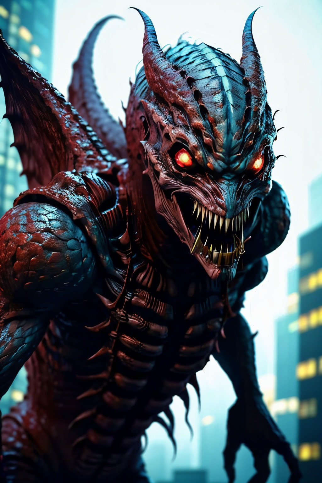 man,  city, teeth, red_eyes, kaijuu, red_eyes, horns, <lora:EdobMonsterMale2_v2.0:0.8>