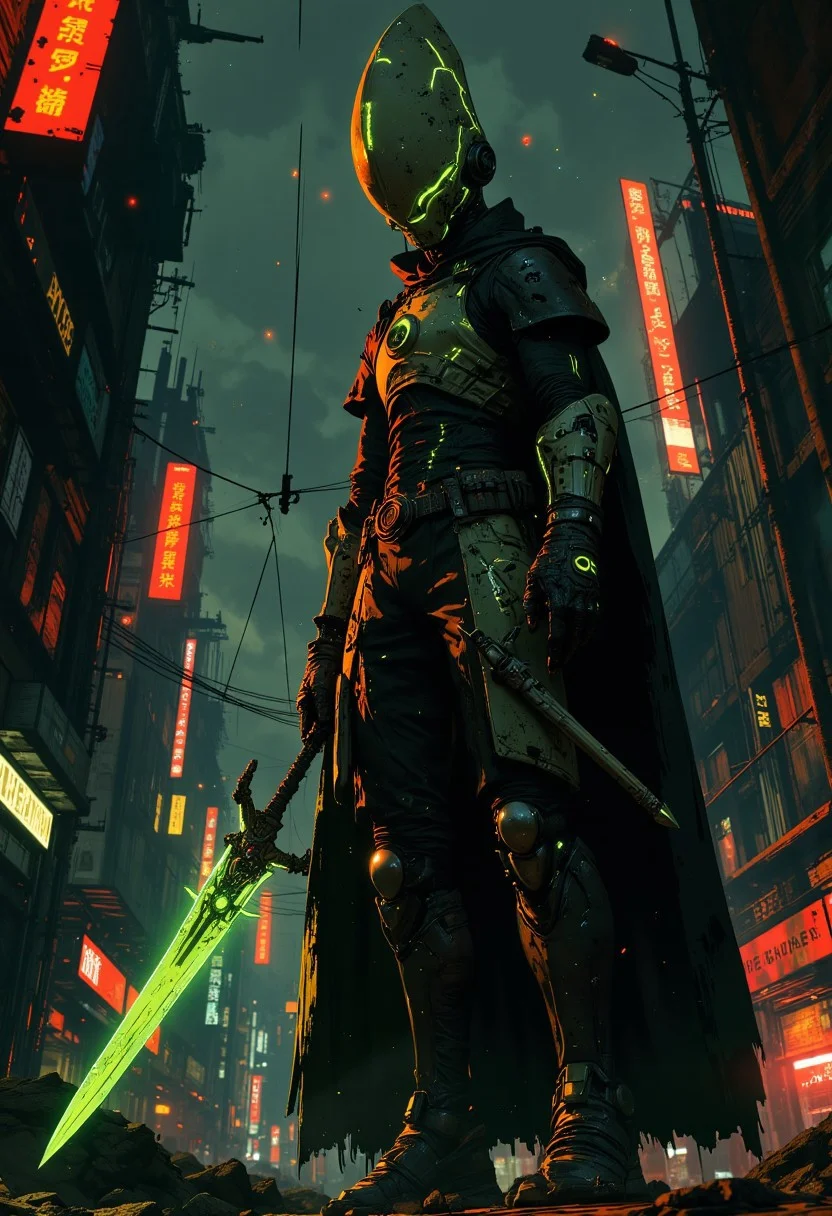 An alien wearing an alien white armor with glowing green lines and holding an alien sword, cape, alien futuristic city at night, high details, 4k, cinematic, Directional lighting, full body view, mythp0rt.