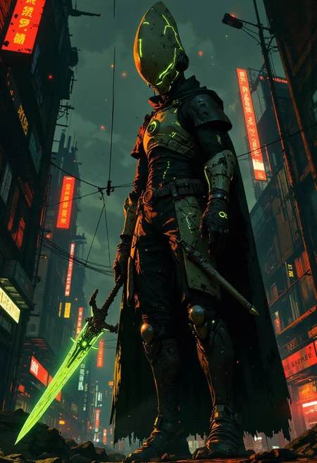 An alien wearing an alien white armor with glowing green lines and holding an alien sword, cape, alien futuristic city at night, high details, 4k, cinematic, Directional lighting, full body view, mythp0rt.