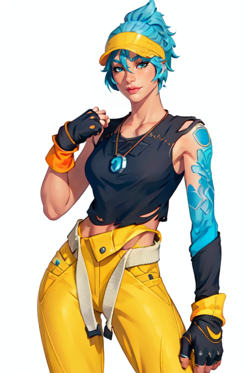 masterpiece,best quality,face detail,extreme detail,8k,white background,<lora:Comet:0.8>,cometfn,1girl,solo,looking at viewer,short hair,bangs,shirt,gloves,jewelry,closed mouth,blue hair,cowboy shot,fingerless gloves,necklace,lips,torn clothes,tattoo,single glove,nose,visor cap,single sleeve,single fingerless glove,yellow pants,standing pose