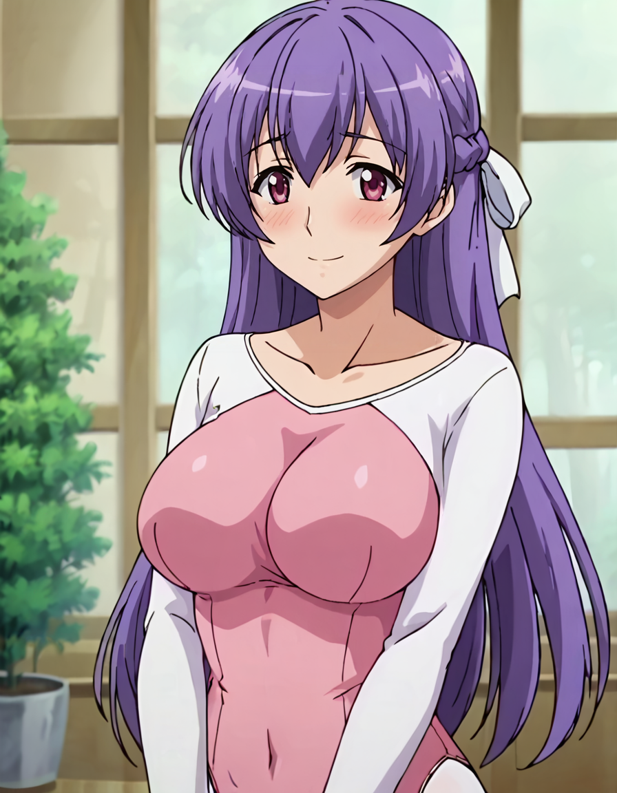 score_9,score_8_up,score_7_up,score_6_up,score_5_up,score_4_up,1girl, <lora:yukari shinjou:0.75> yukari shinjou,large breasts,long hair,purple hair, half updo,white ribbon,(anime screencap:1.4),looking at viewer,
collarbone,pink leotard,(white long sleeves),white pantyhose,upper body, embarrassed,smile