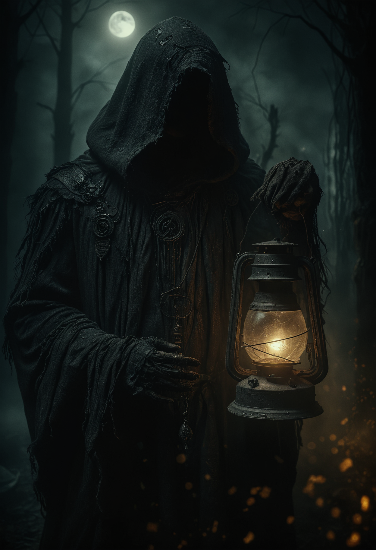 Extremely moody, highly stylized, A dark figure cloaked in tattered robes stands in the shadows, holding an ancient lantern that casts an eerie flickering light, The hood of the cloak obscures the figure's face, mystery and menace, The lantern's glow illuminates, arcane symbols and steampunk mechanisms, foreboding atmosphere, embers float through the air, enigmatic figure, dark, steampunk world, <lora:- SDXL - vanta-black_contrast_V3.0:0.7>, <lora:MJ52:0.3>, <lora:add-detail-xl:1>, <lora:ral-ertmsphr:0.7>