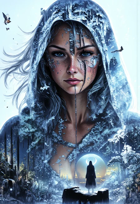 aidmaMJ6.1, darkcore, Jeddblexpsre,double exposure, ethereal. A mid-shot of the young woman from the chest up, focusing on the realistic texture of her light blue cloak and the soft blend of a snowy forest that merges into her silhouette. Her slightly revealing attire is partially visible beneath the cloak, but the attention remains on the harmonious layering of her figure and the natural landscape behind her. The snowflakes falling around her add depth to the composition, while the mid-shot provides enough detail of her upper body and the surrounding scene, ensuring the double exposure effect remains subtle yet impactful. She gazes forward, calm and serene, as the light transitions between her form and the landscape behind her., <lora:FluxDFaeTasticDetails.safetensors:1.0:1.0> <lora:aidmaMJ6.1-FLUX-V0.2.safetensors:1.0:1.0> <lora:Flux DoubleExposure_epoch_1.safetensors:1.0:1.0> <lora:NebulaNexus_v1.safetensors:0.7000000000000001:0.7000000000000001>