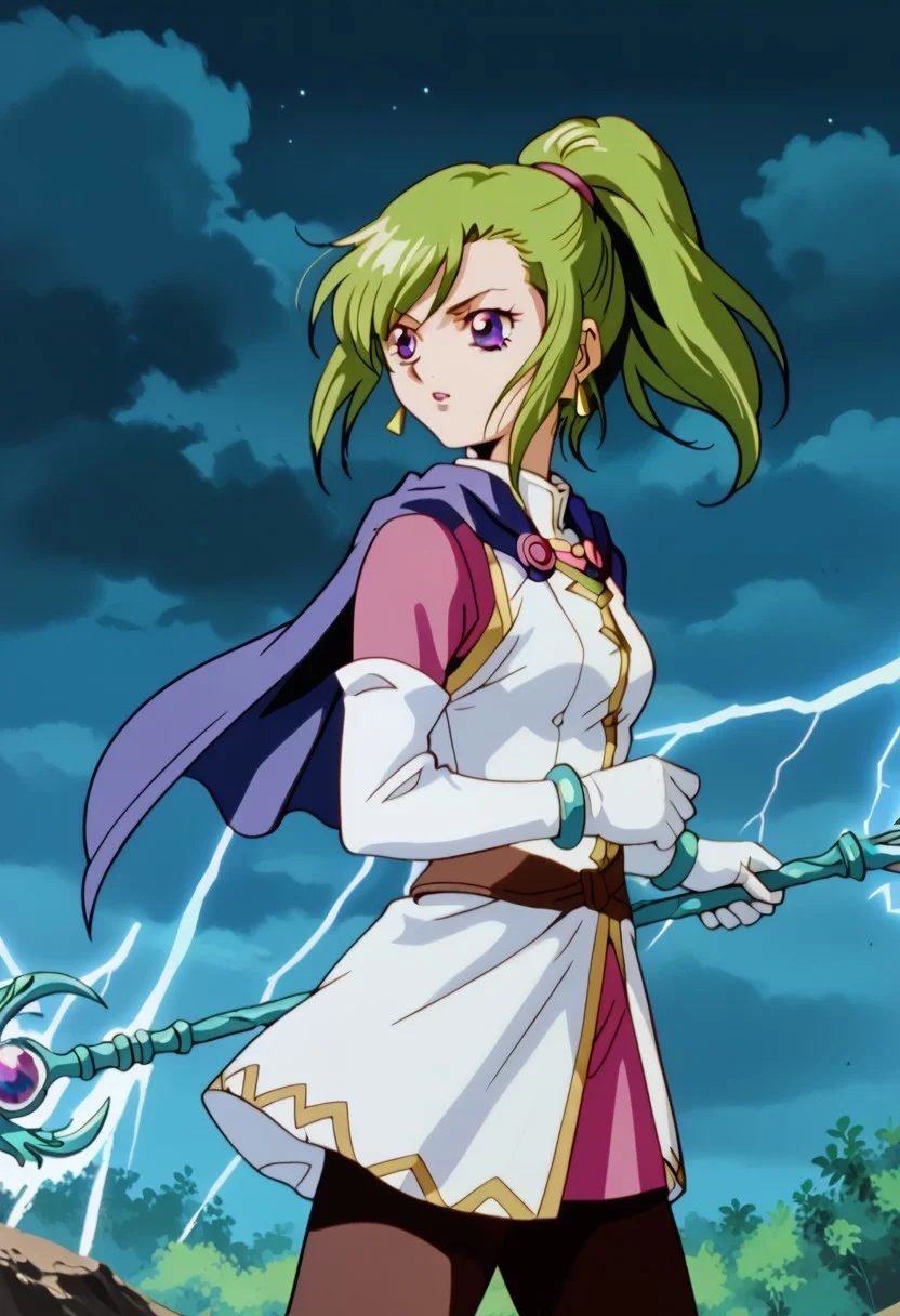 score_8, score_8_up, score_7_up, AWGXS, anime screenshot, retro artstyle,1990s (style), cel animation BREAK 1girl, female focus, solo, Karis_GS, green hair, ponytail, bangs, asymmetrical hair, sidelocks, purple eyes, triangle earrings, capelet, blue capelet, small breasts, mandarin collar, coat, white coat, ribbon trim, gold trim, undershirt, pink shirt, pink sleeves, crossed belts, miniskirt, pink skirt, white gloves, elbow gloves, bracelet, black pantyhose, cowboy shot, outdoors, black sky, dark clouds, night, lightning, wind, staff, holding staff, fighting stance, magic