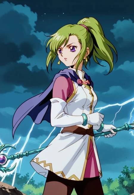 score_8, score_8_up, score_7_up, AWGXS, anime screenshot, retro artstyle,1990s (style), cel animation BREAK 1girl, female focus, solo, Karis_GS, green hair, ponytail, bangs, asymmetrical hair, sidelocks, purple eyes, triangle earrings, capelet, blue capelet, small breasts, mandarin collar, coat, white coat, ribbon trim, gold trim, undershirt, pink shirt, pink sleeves, crossed belts, miniskirt, pink skirt, white gloves, elbow gloves, bracelet, black pantyhose, cowboy shot, outdoors, black sky, dark clouds, night, lightning, wind, staff, holding staff, fighting stance, magic