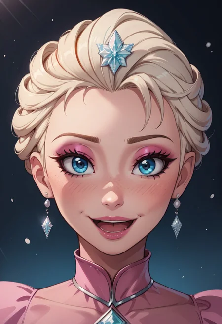 score_9, score_8_up, score_7_up,,
Elsa from Frozen, makeup, platinum blonde, light blue eyes, medium puffy, light blue eyes, long eyelashes, blushing, ginger hair stylish hair cut,
wearing pink princess gown, latex,
colored blank background,
centered view, rim lighting, smile, open mouth, posing,
(m31d0n0:1.2)
