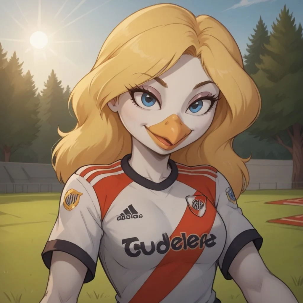 score_9, score_8, BREAK, solo, blonde hair, bird girl, humanoid bird, furry, beak, white skin, blue eyes, RiverPlate, striped shirt, striped, shirt, white shirt, short sleeves, clothes writing, sportswear, soccer uniform, Gandra_Dee_(DuckTales), sexy pose, self portrait, smile, outdoors, sunlight, shadows, evening lighting, natural lighting, forest, trees, grass, orange sky, sunset