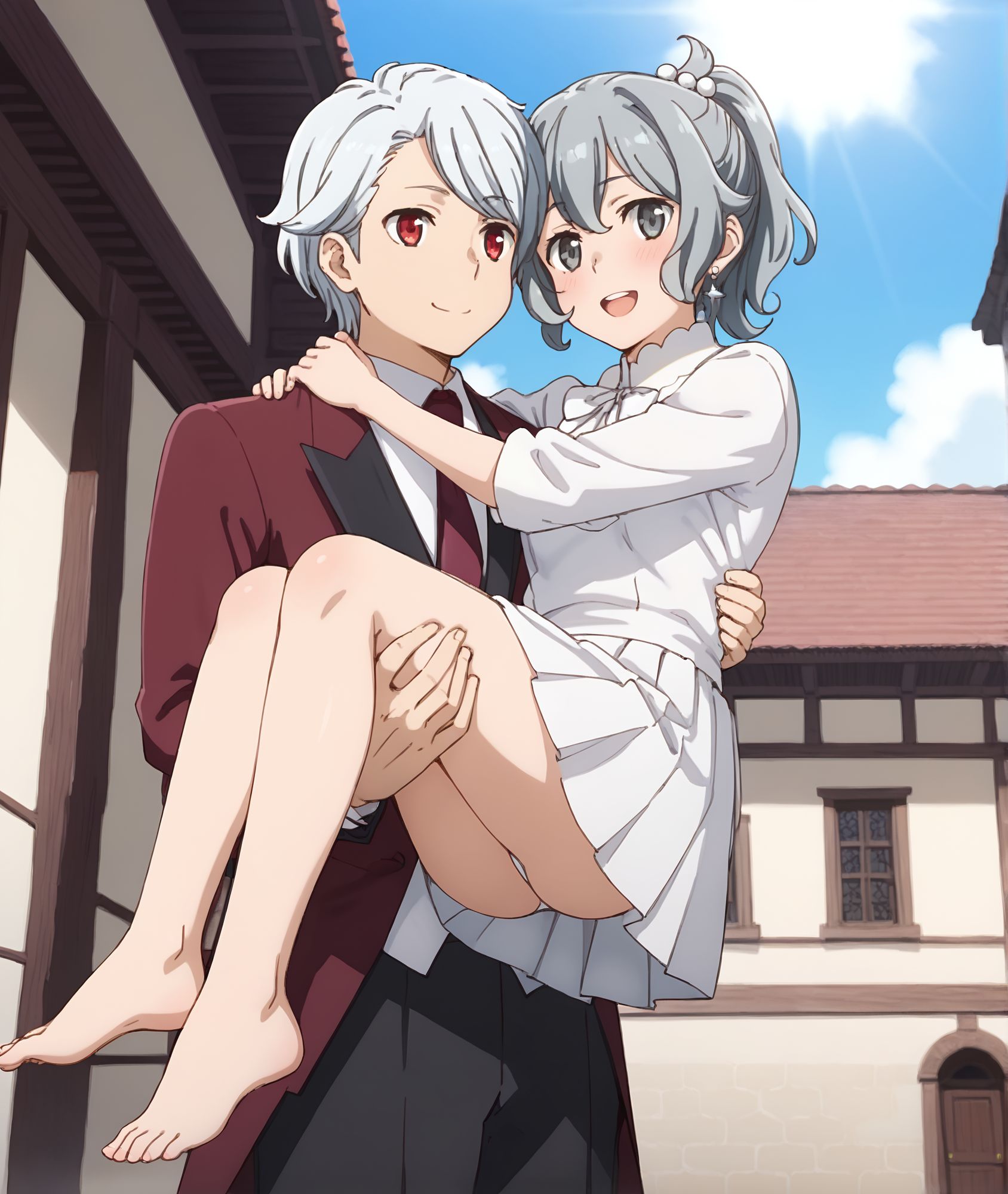 score_9,score_8_up,score_7_up,masterpiece, best quality, <lora:WHM 0.2v:0.5>, WHM, 2D,anime,  
<lora:HandFixer_pdxl_Incrs_v1:0.5>,  
red eyes male and grey female,
<lora:princess carry_pony_V1.0:1> princess carry, 1girl, 1boy
cuddling,couple,from below, sky, sunlight, 
barefoot female, 
medieval town ,  fantasy,dungeon ni deai wo motomeru no wa machigatteiru darou ka style,  
BREAK
 princess carry, 1girl, 1boy
cuddling,couple,from below, sky, sunlight, 
barefoot female, 
<lora:bell01:0.7>full body, bell01, 
<lora:Bell_Cranel_r2:0.1> belcranel,
looking at viewer, smile, shirt, red eyes, closed mouth, white hair, red necktie, formal,black pants, Tuxedo,
barefoot female, 
BREAK
 princess carry, 1girl, 1boy
cuddling,couple,from below, sky, sunlight, 
<lora:DanMachi_SyrFlovaXL:0.8>, pen mouth, smile, blush, upper teeth only, short hair, short ponytail, grey hair, grey eyes, hair between eyes, hair bobbles, earrings, SyrDate, cropped jacket, white jacket, collared shirt, white shirt, long sleeves, bow skirt, pleated skirt, white skirt, white bow, arms behind back, leaning forward, looking at viewer, thigh gap, 
barelegs female, shoes,